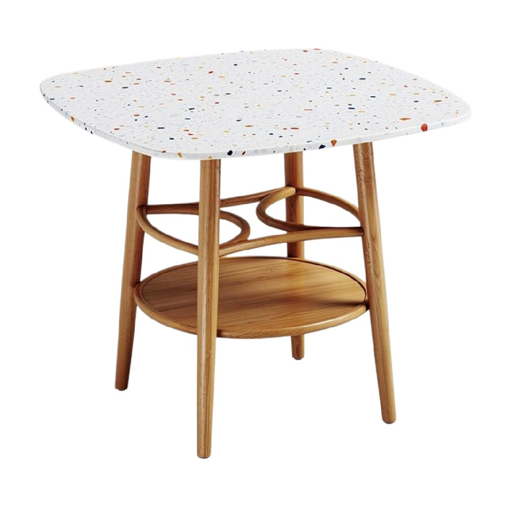 Moderne vierkante bijzettafel met kleurrijk tafelblad en houten poten